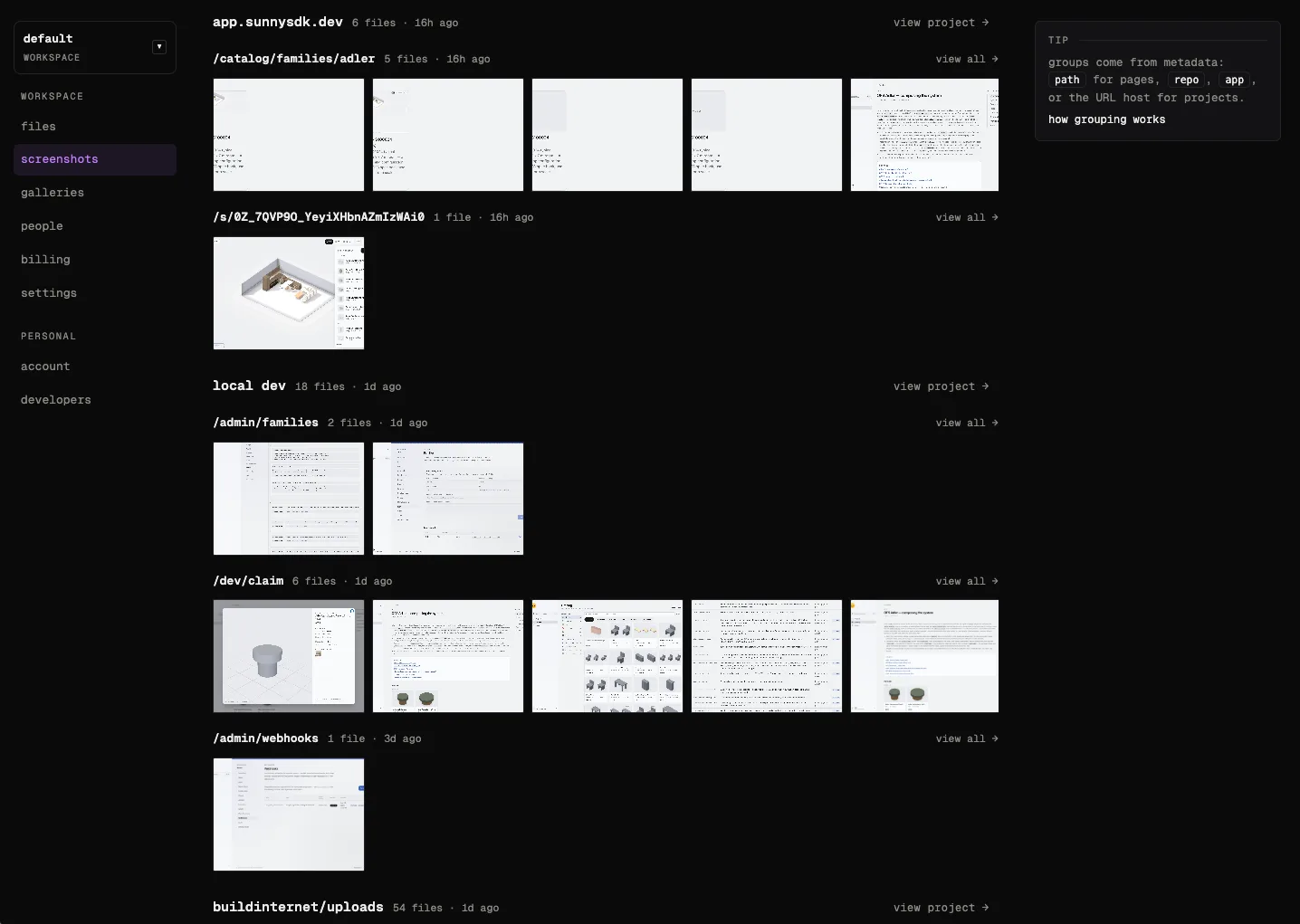 The screenshots view in a workspace, with uploads grouped into collapsible sections by project and path.